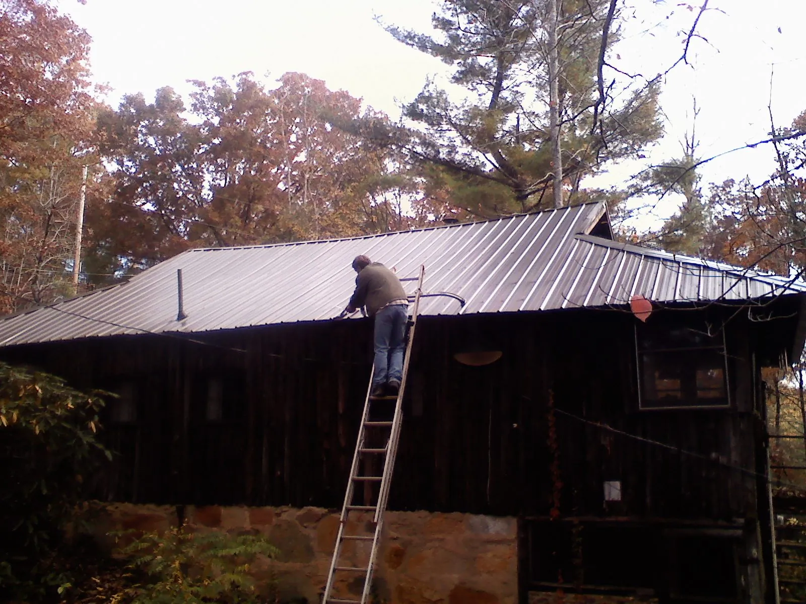 Roofer on a ladder working along the edge of a cabin metal roof in Shandaken